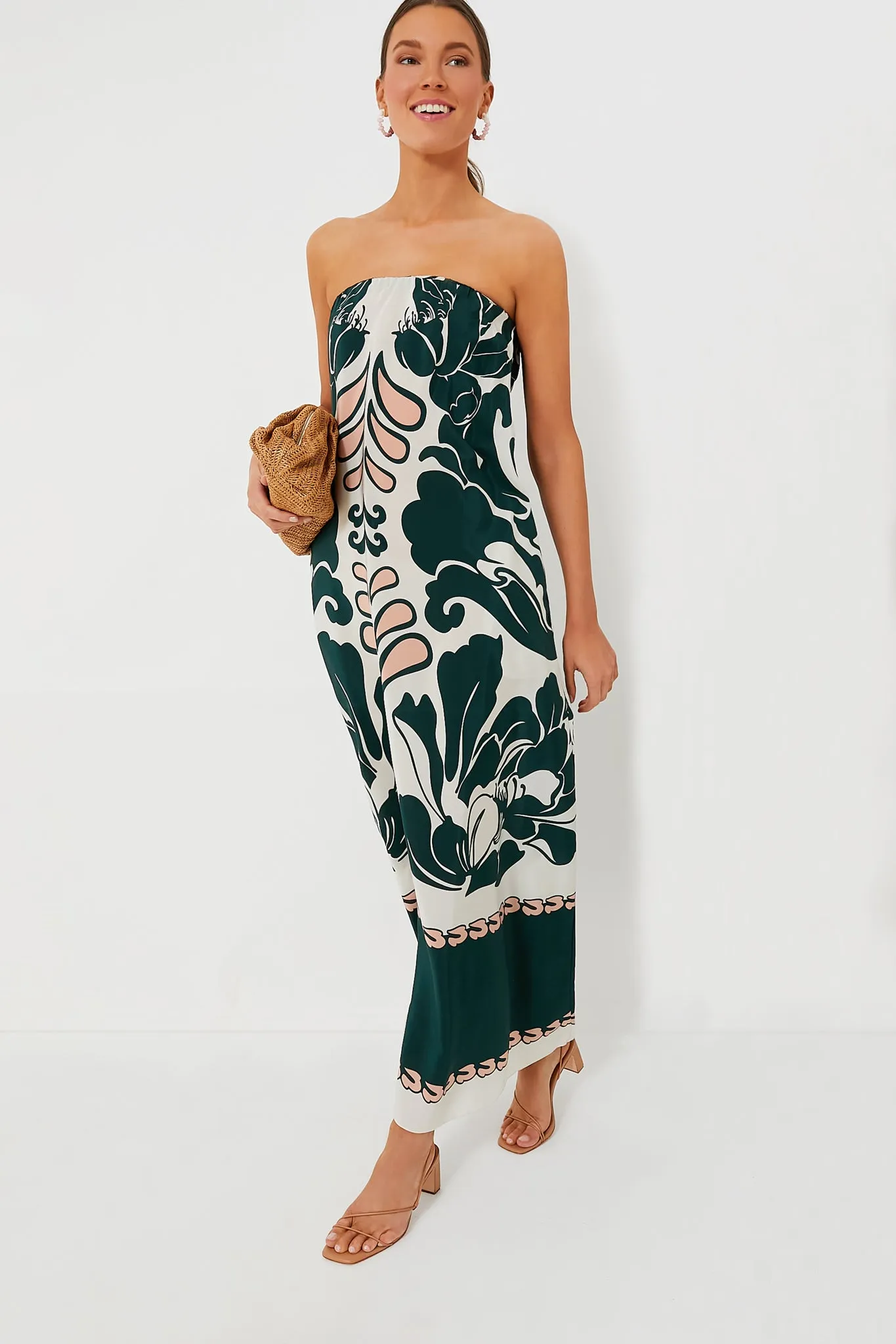 Dark Green Spray of Flowers Strapless Long Dress