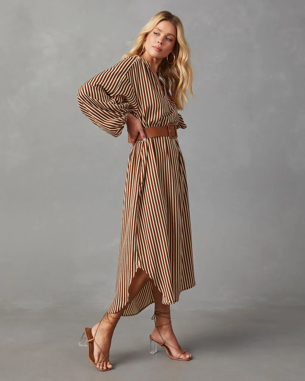 Dimarco Striped Pocketed Belted Midi Dress