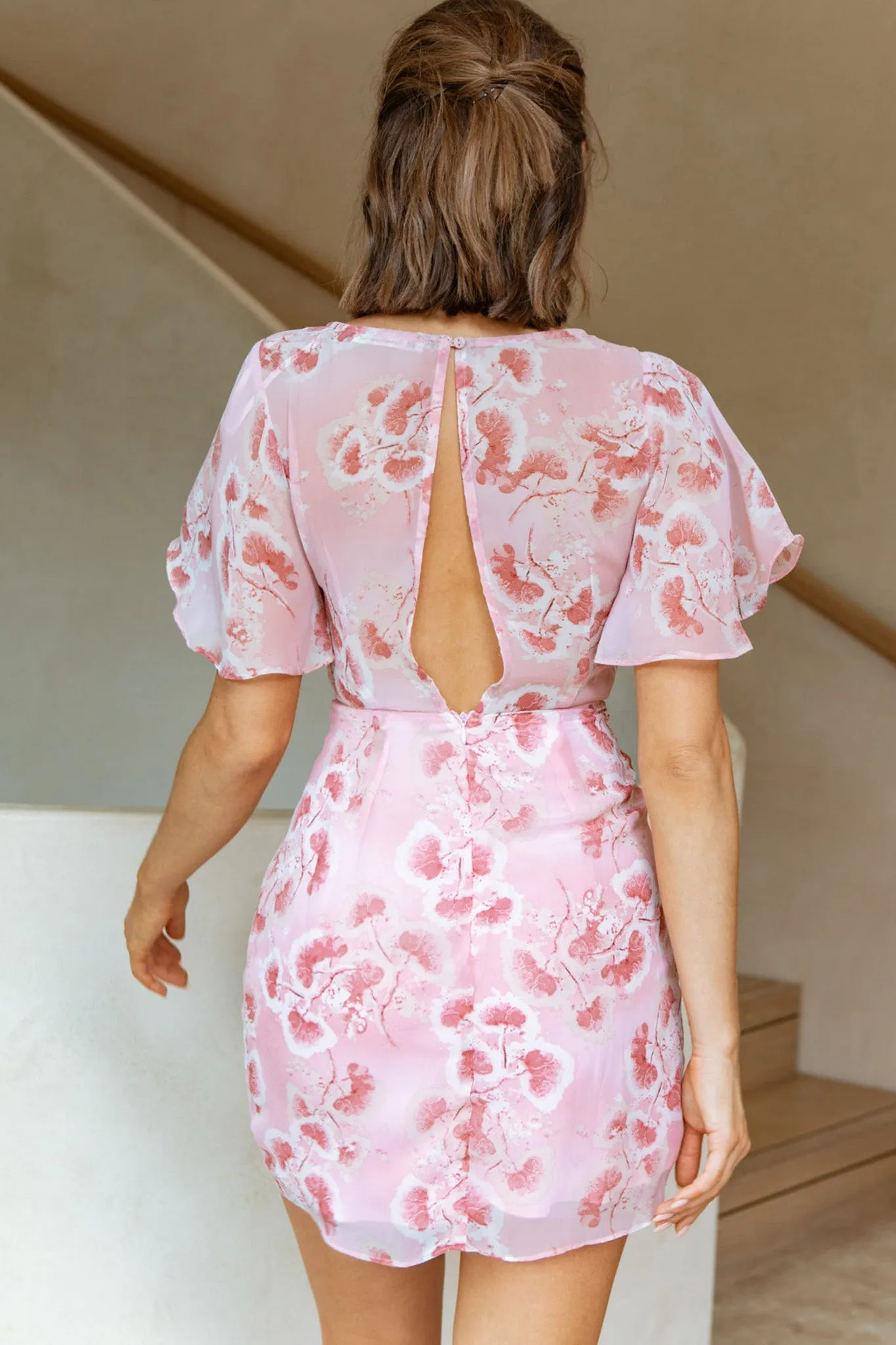 Dionne Angel Sleeve Twist Detail Dress Botanic Print Pink/Rose