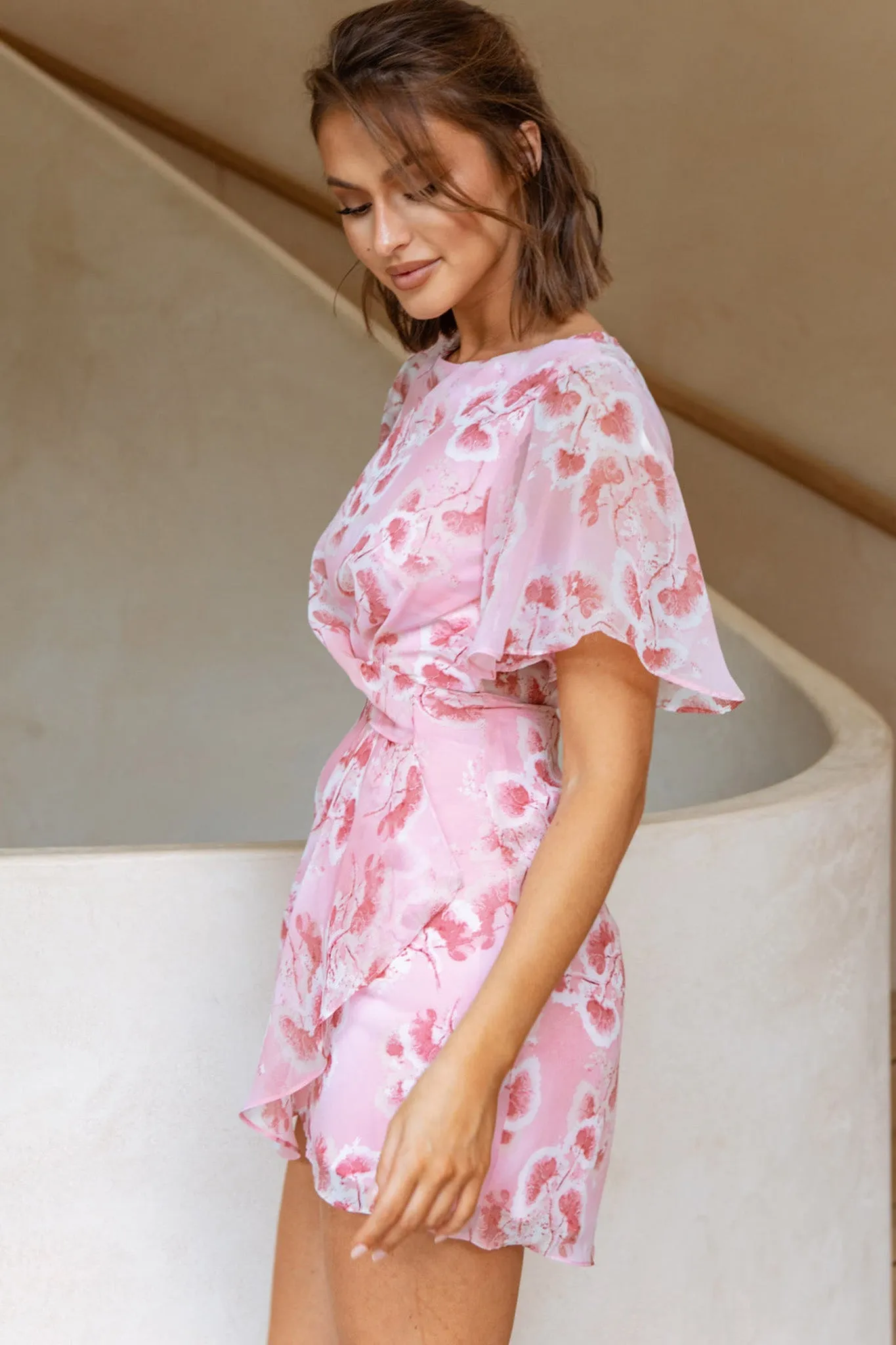 Dionne Angel Sleeve Twist Detail Dress Botanic Print Pink/Rose