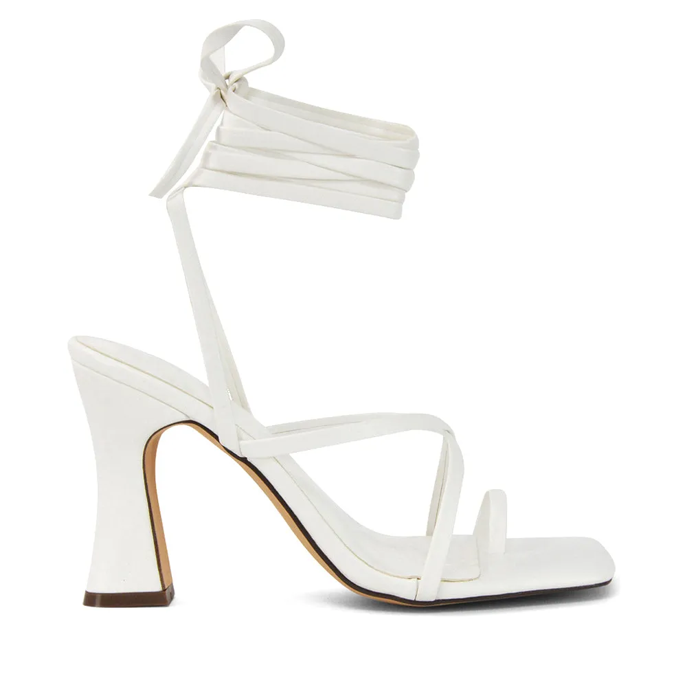 Dylan Square Toe Lace up Strappy Block High Heel Sandals in Nude Synthetic Leather