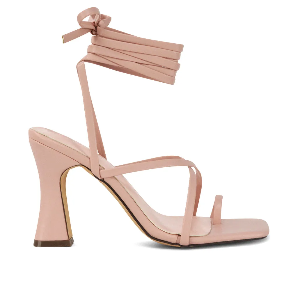 Dylan Square Toe Lace up Strappy Block High Heel Sandals in Nude Synthetic Leather