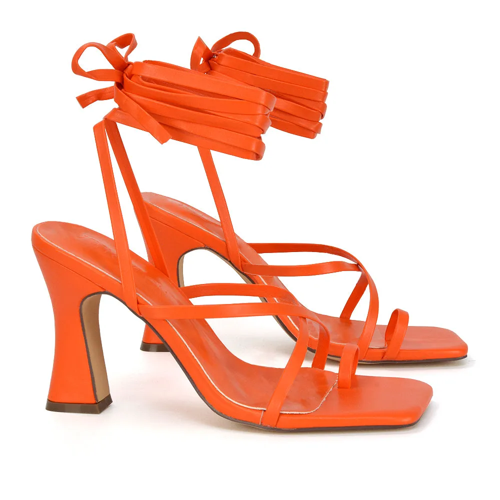 Dylan Square Toe Lace up Strappy Block High Heel Sandals in Nude Synthetic Leather