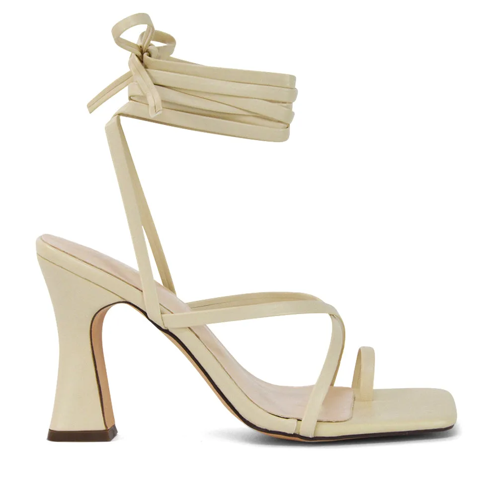 Dylan Square Toe Lace up Strappy Block High Heel Sandals in Nude Synthetic Leather