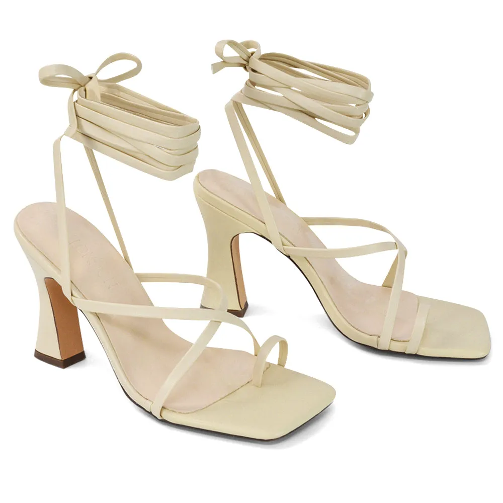 Dylan Square Toe Lace up Strappy Block High Heel Sandals in Nude Synthetic Leather