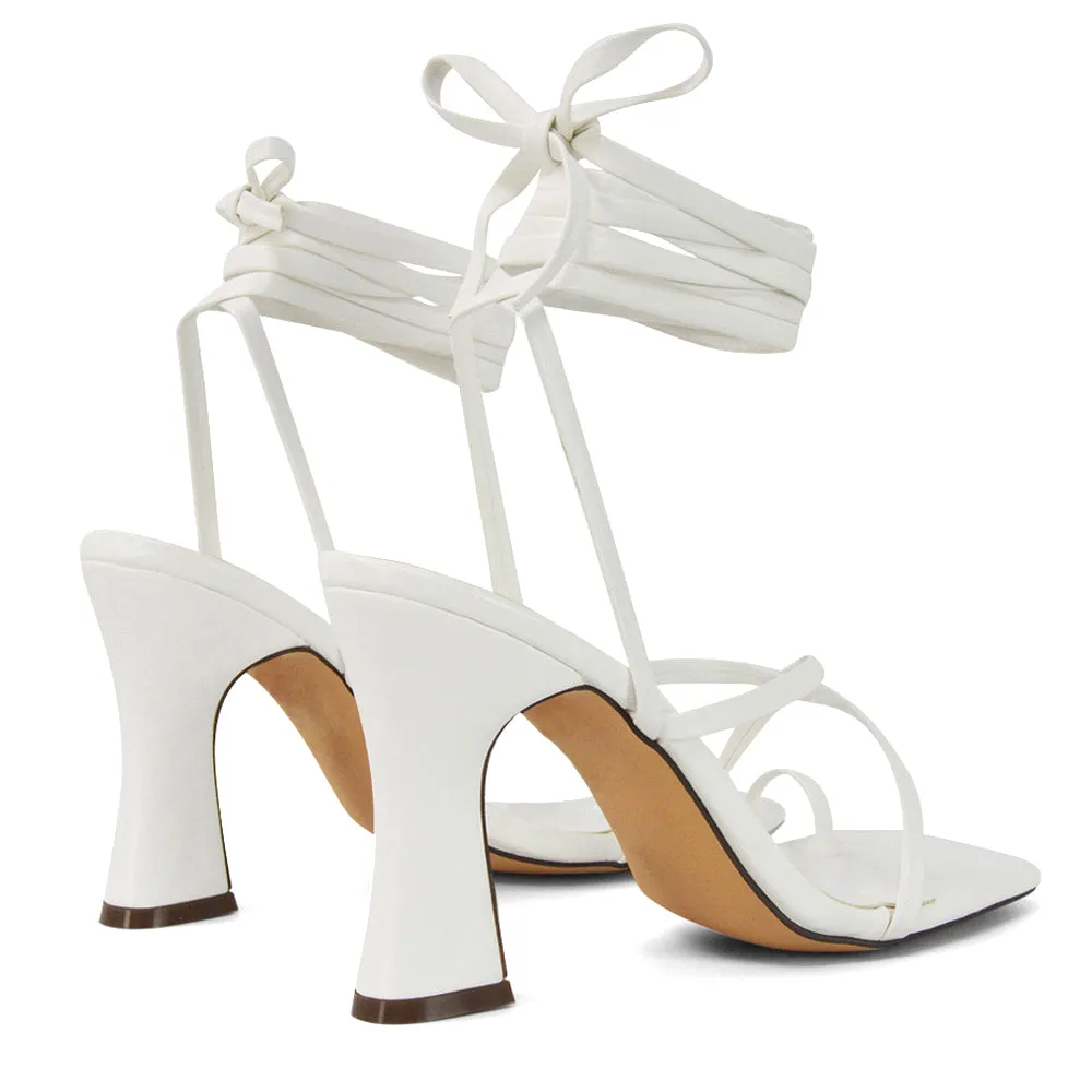 Dylan Square Toe Lace up Strappy Block High Heel Sandals in Nude Synthetic Leather