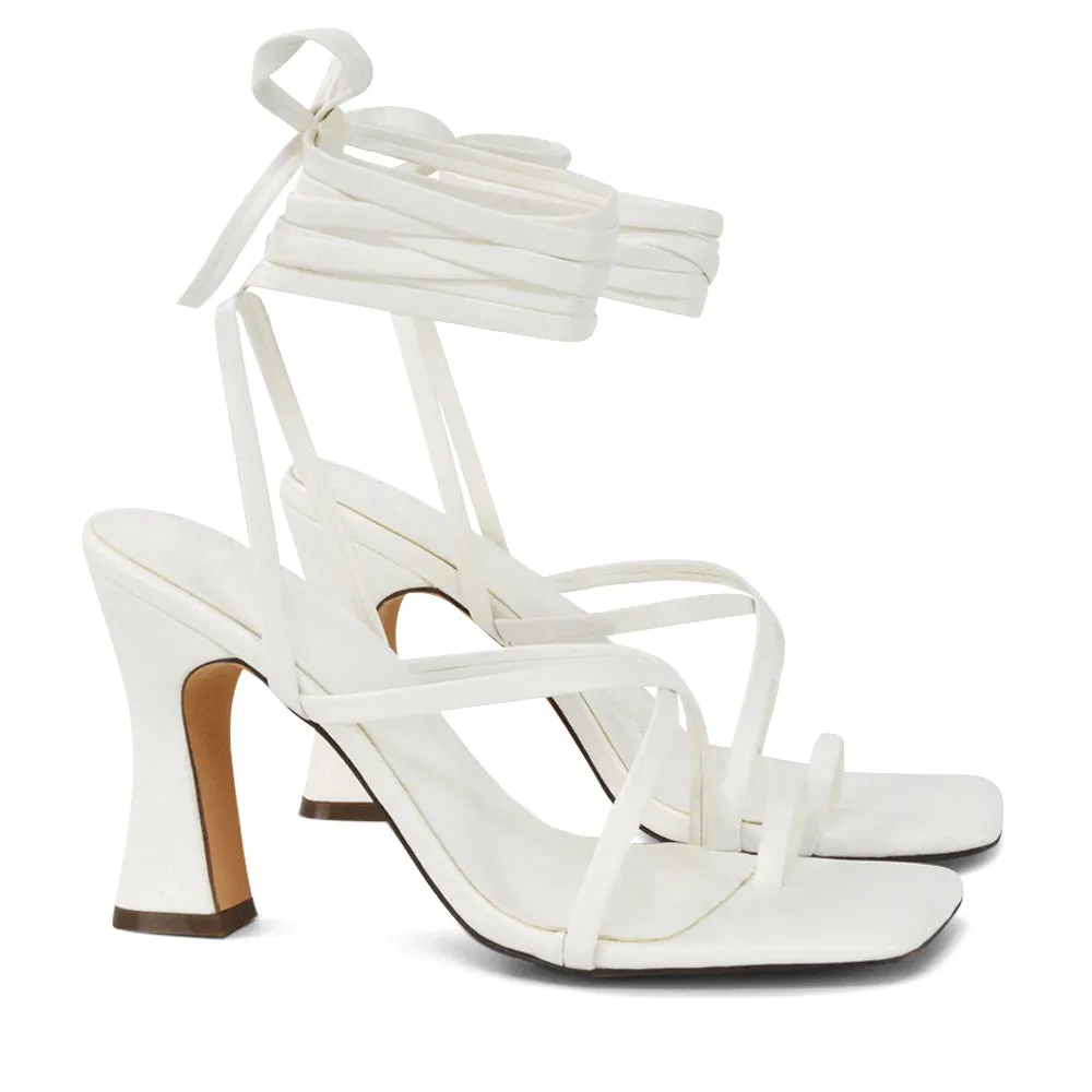 Dylan Square Toe Lace up Strappy Block High Heel Sandals in Nude Synthetic Leather