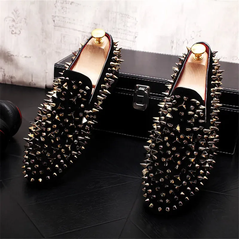 Edgy Gothic Men's Black & Gold Spiked Drivers Moccasins Opera Pump