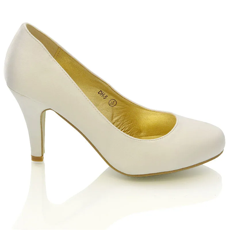 ELISABETH MID STILETTO HIGH WEDDING HEELS SLIP ON BRIDAL COURT SHOES IN IVORY SATIN