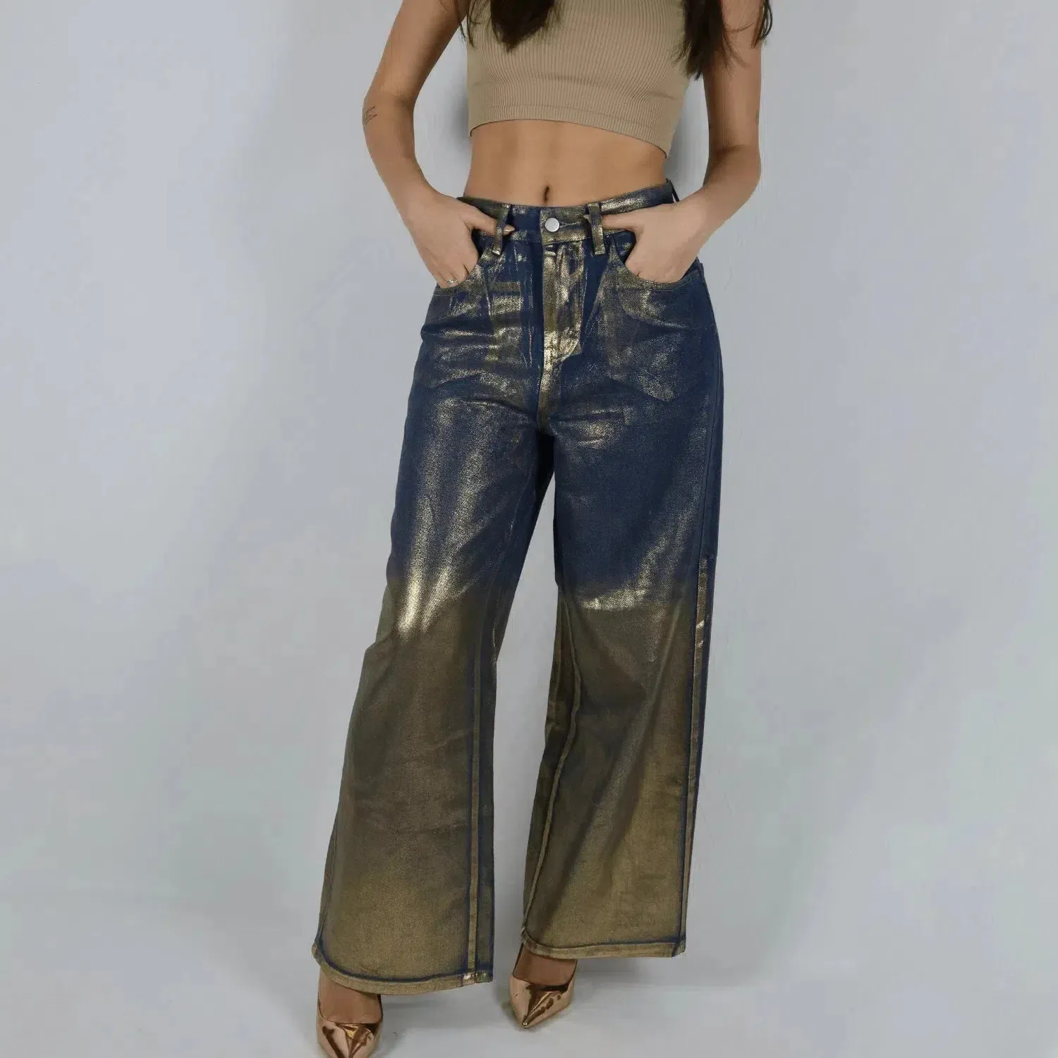 Erynia metallic gold trousers – high-waisted – wide-leg cut – dazzling statement finish