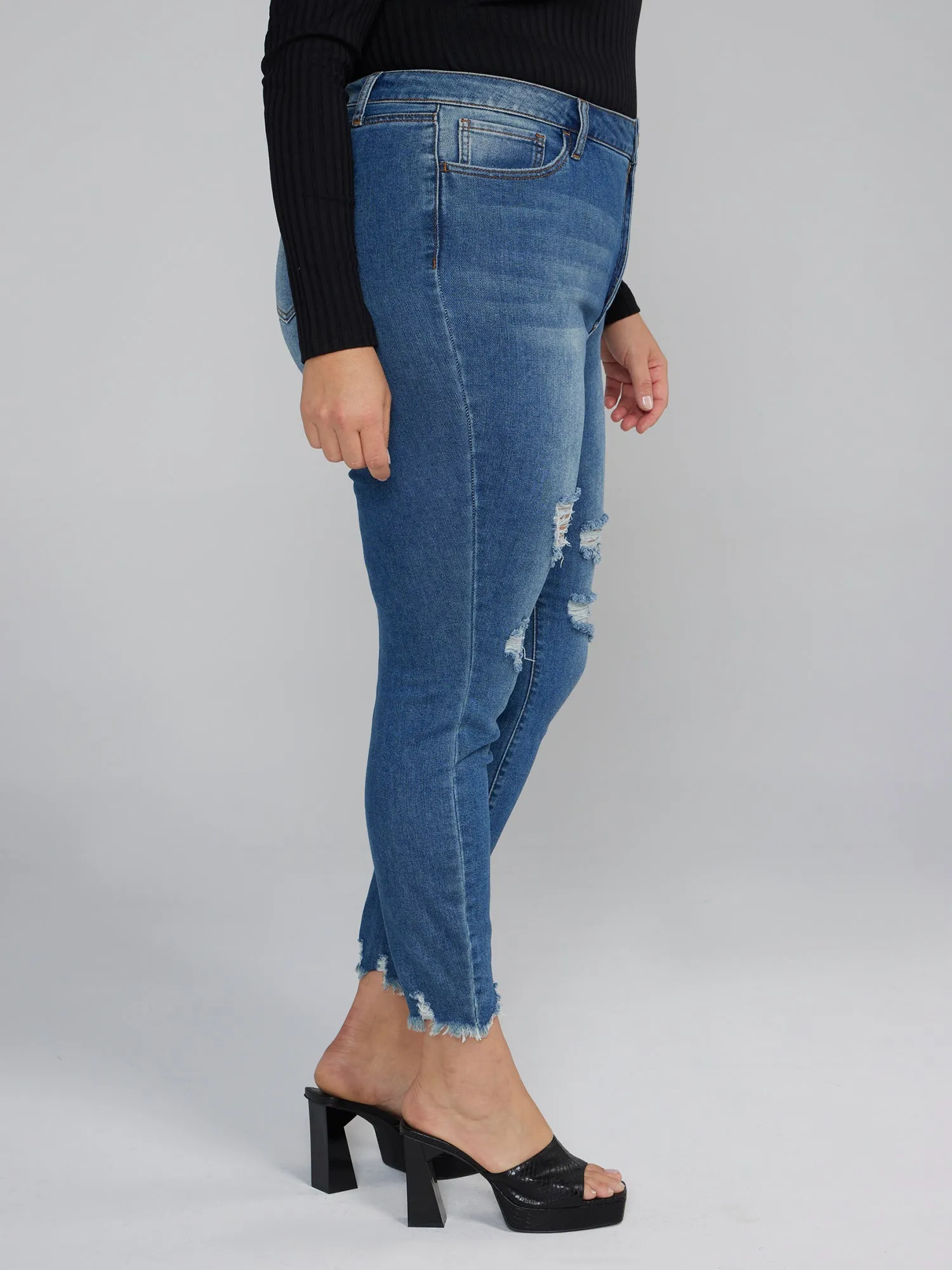 Fashion To Figure - Chewed Hem Destructed Skinny Fit Jeans - Short Inseam