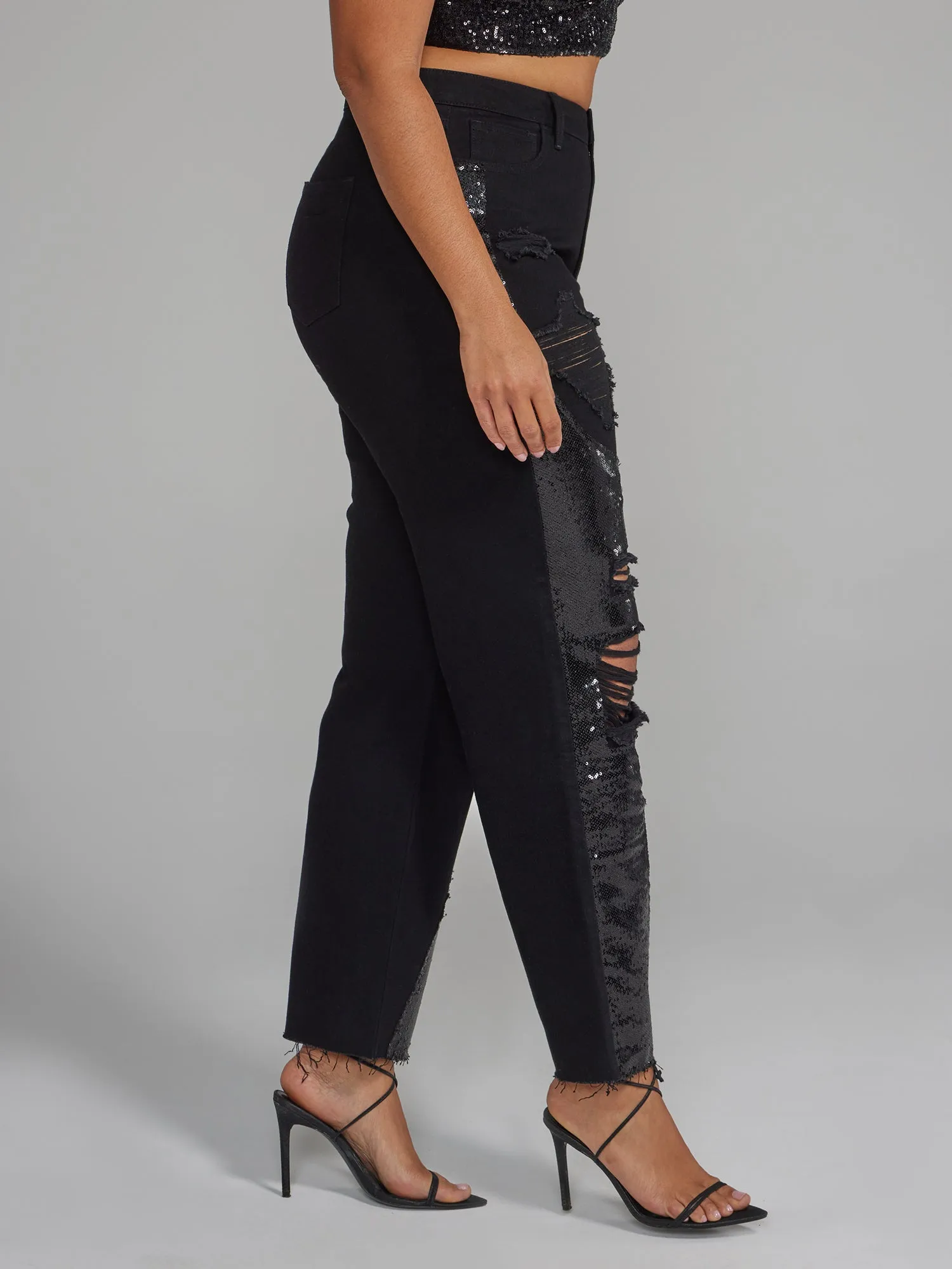 Fashion To Figure - Distressed Straight Leg Jeans with Sequin Details