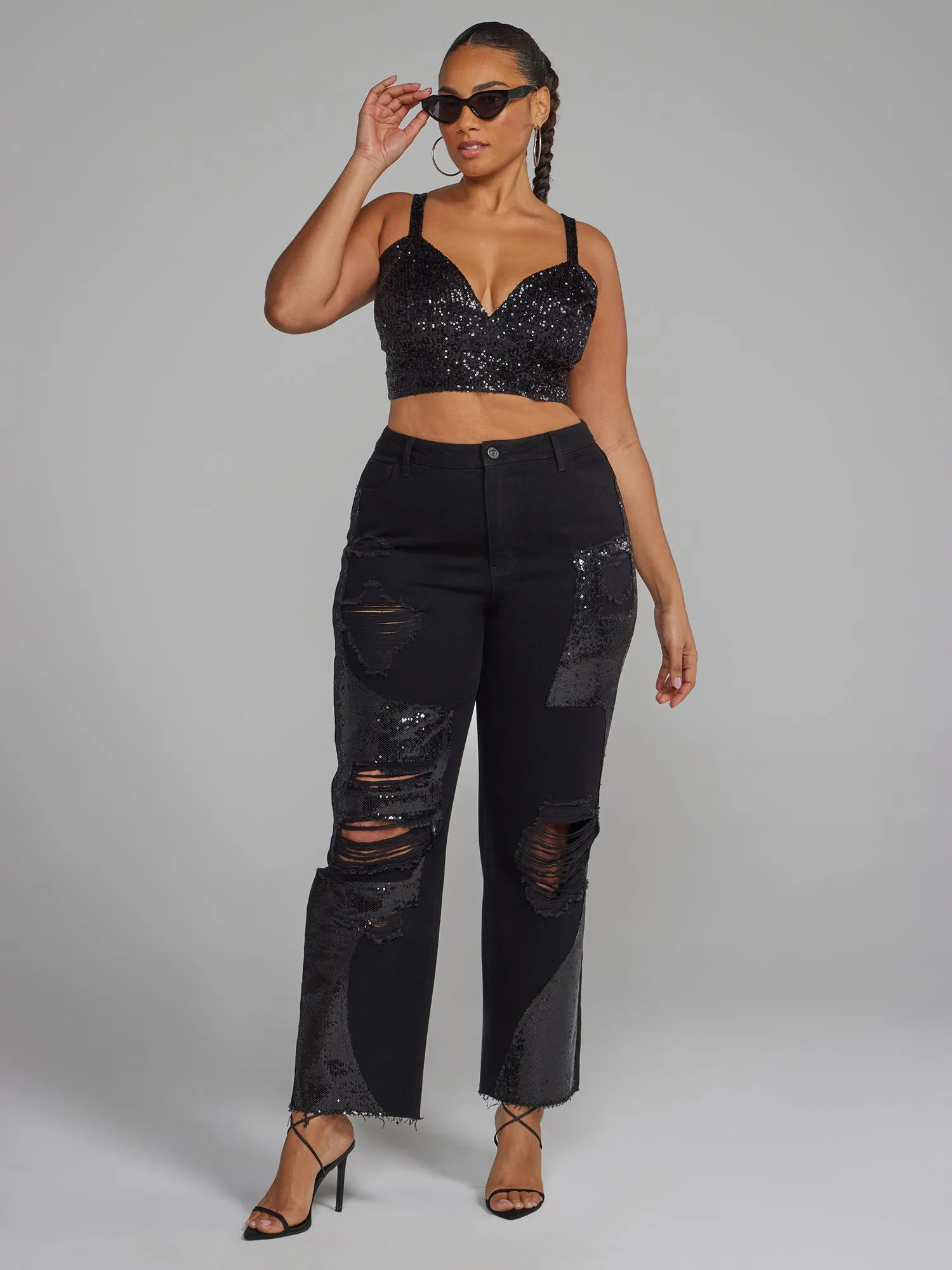 Fashion To Figure - Distressed Straight Leg Jeans with Sequin Details