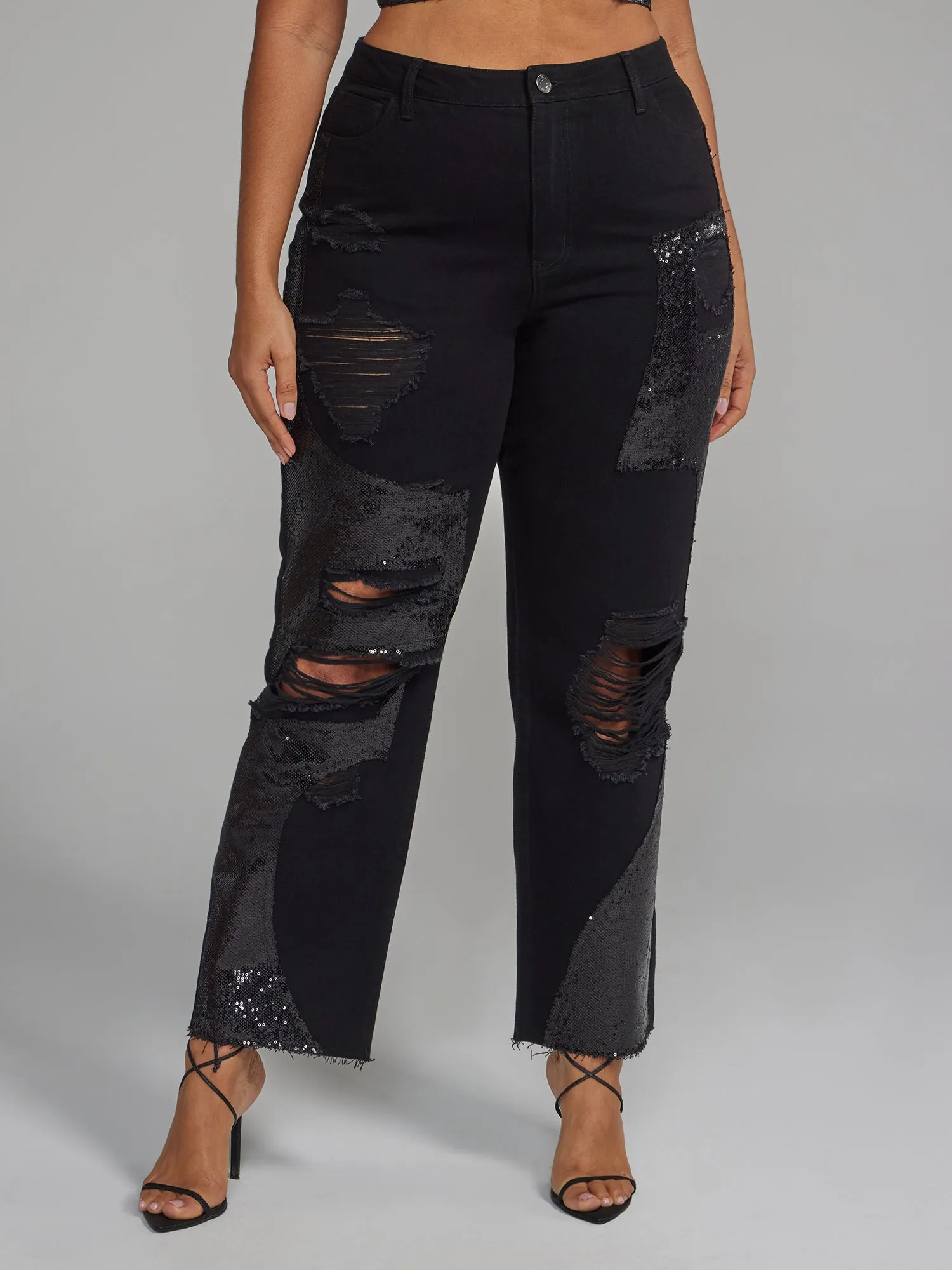 Fashion To Figure - Distressed Straight Leg Jeans with Sequin Details