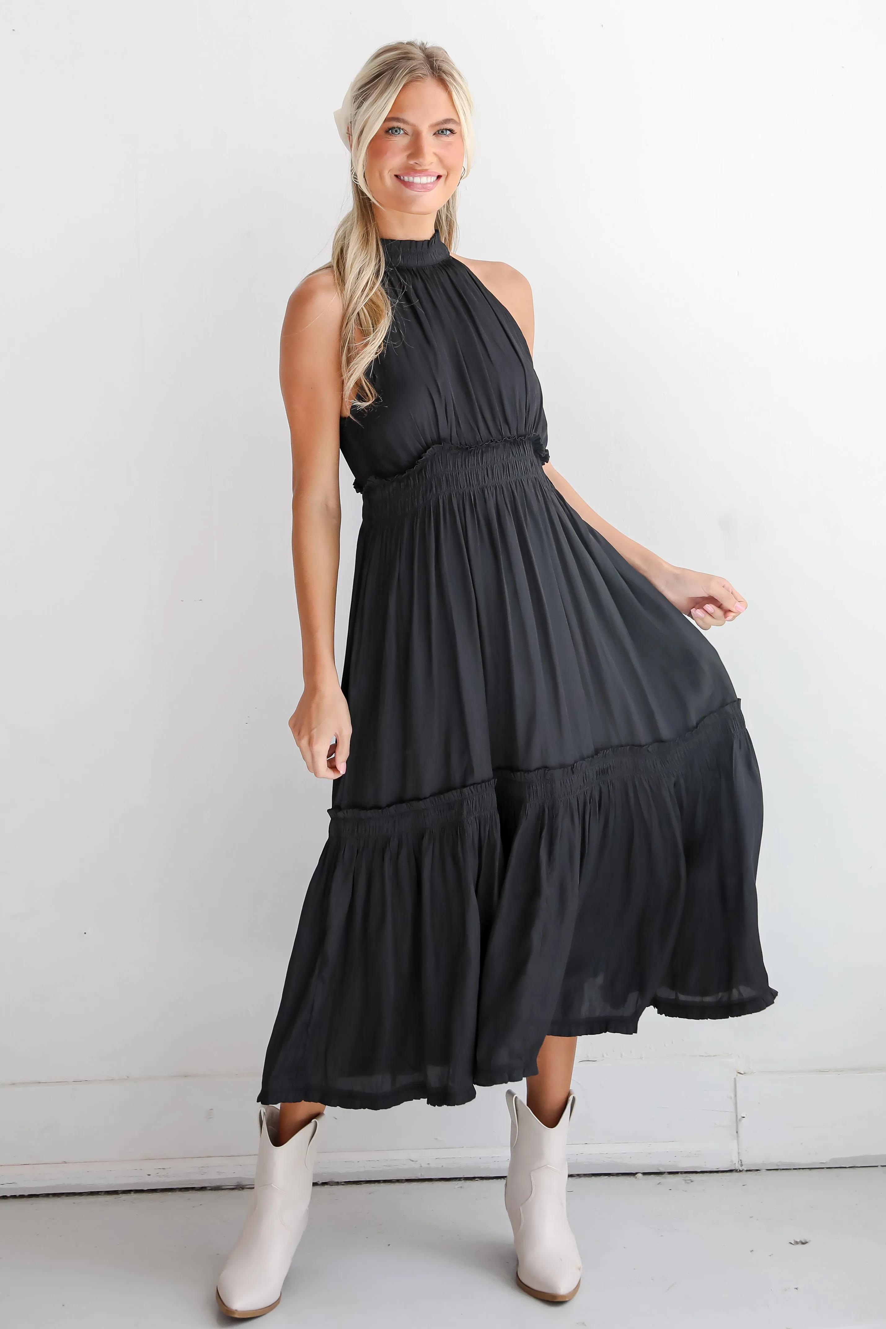 FINAL SALE - Lovely Intuition Black Satin Midi Dress