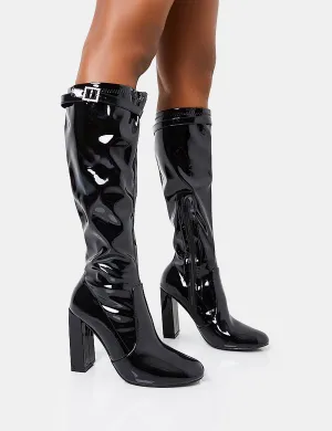 First Class Black Buckle Strap Detail Knee High Block Heeled Boots