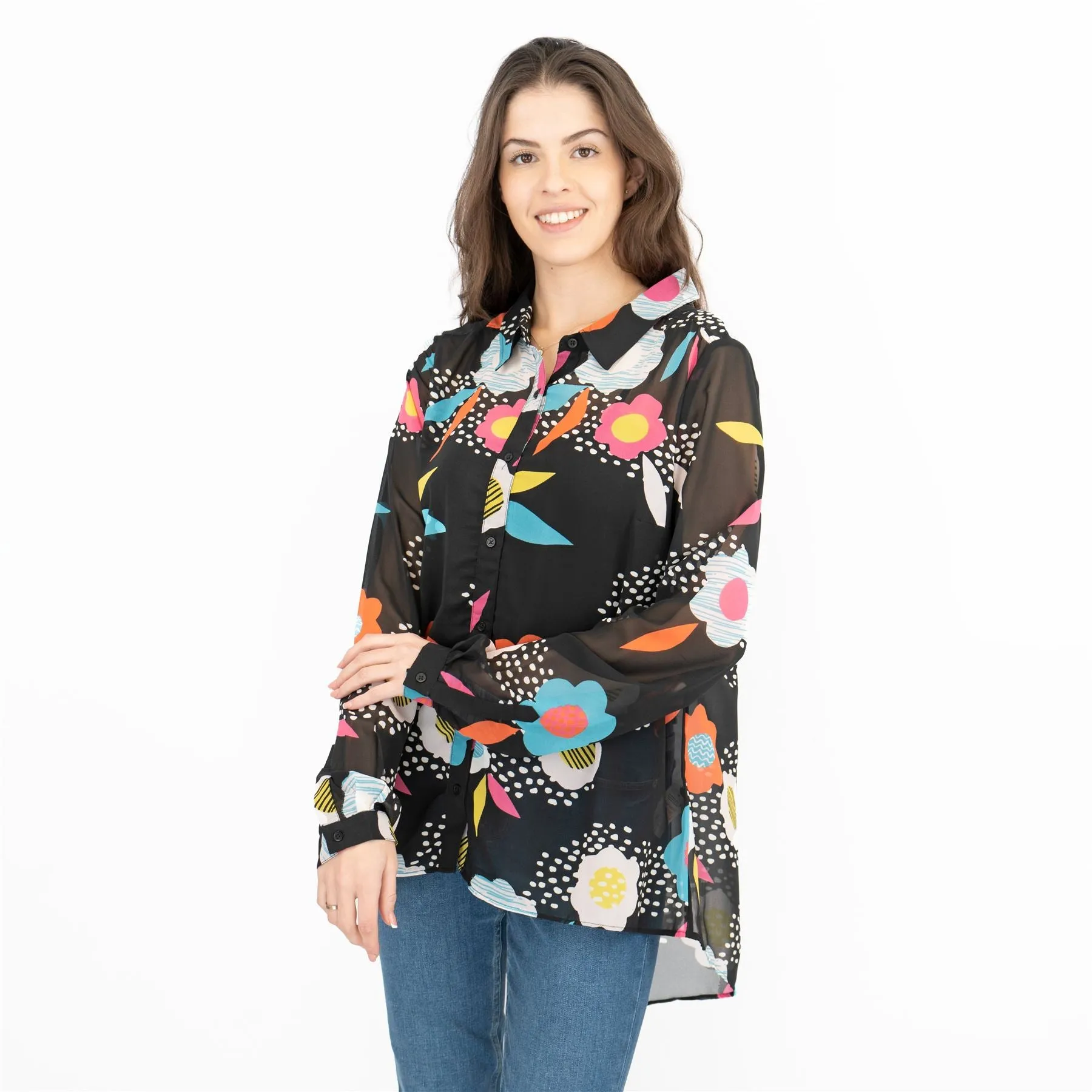 Frugi Bloom Black Floral Maternity Blouse Lightweight Relaxed Fit Button-Up Longline Tops