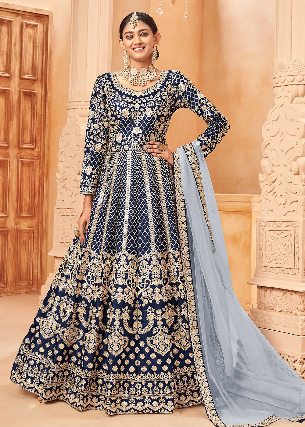 Glittering Navy Blue & Gold Embroidered Silk Anarkali Suit