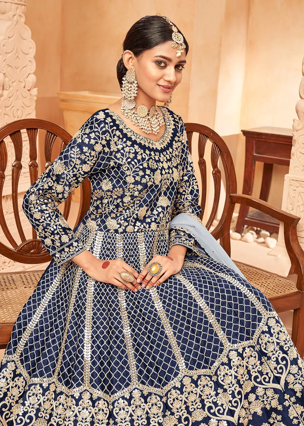 Glittering Navy Blue & Gold Embroidered Silk Anarkali Suit