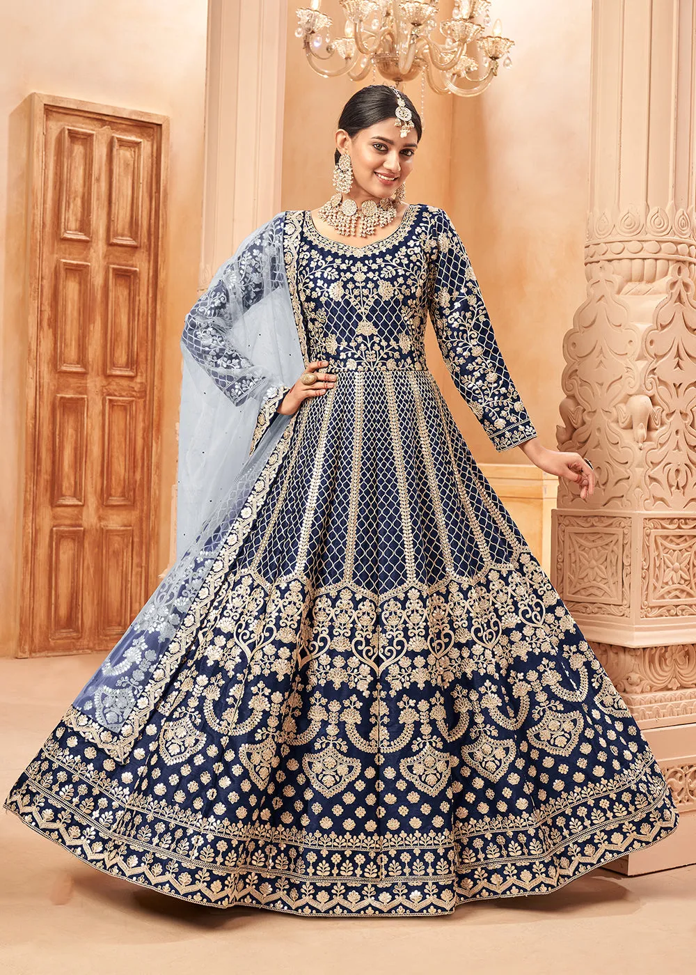 Glittering Navy Blue & Gold Embroidered Silk Anarkali Suit