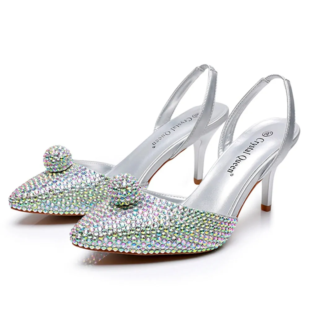 Glittering Rhinestone Ball Bead Pointed Toe High Heels