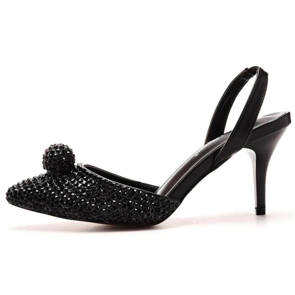 Glittering Rhinestone Ball Bead Pointed Toe High Heels