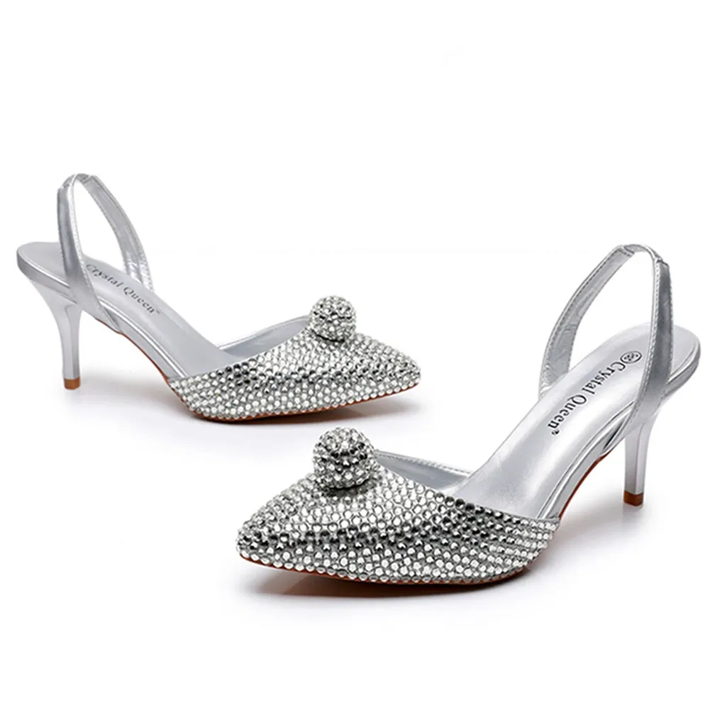 Glittering Rhinestone Ball Bead Pointed Toe High Heels