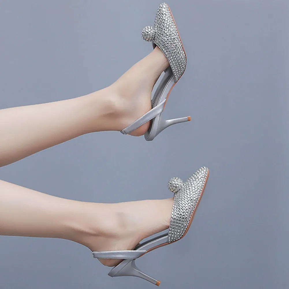 Glittering Rhinestone Ball Bead Pointed Toe High Heels