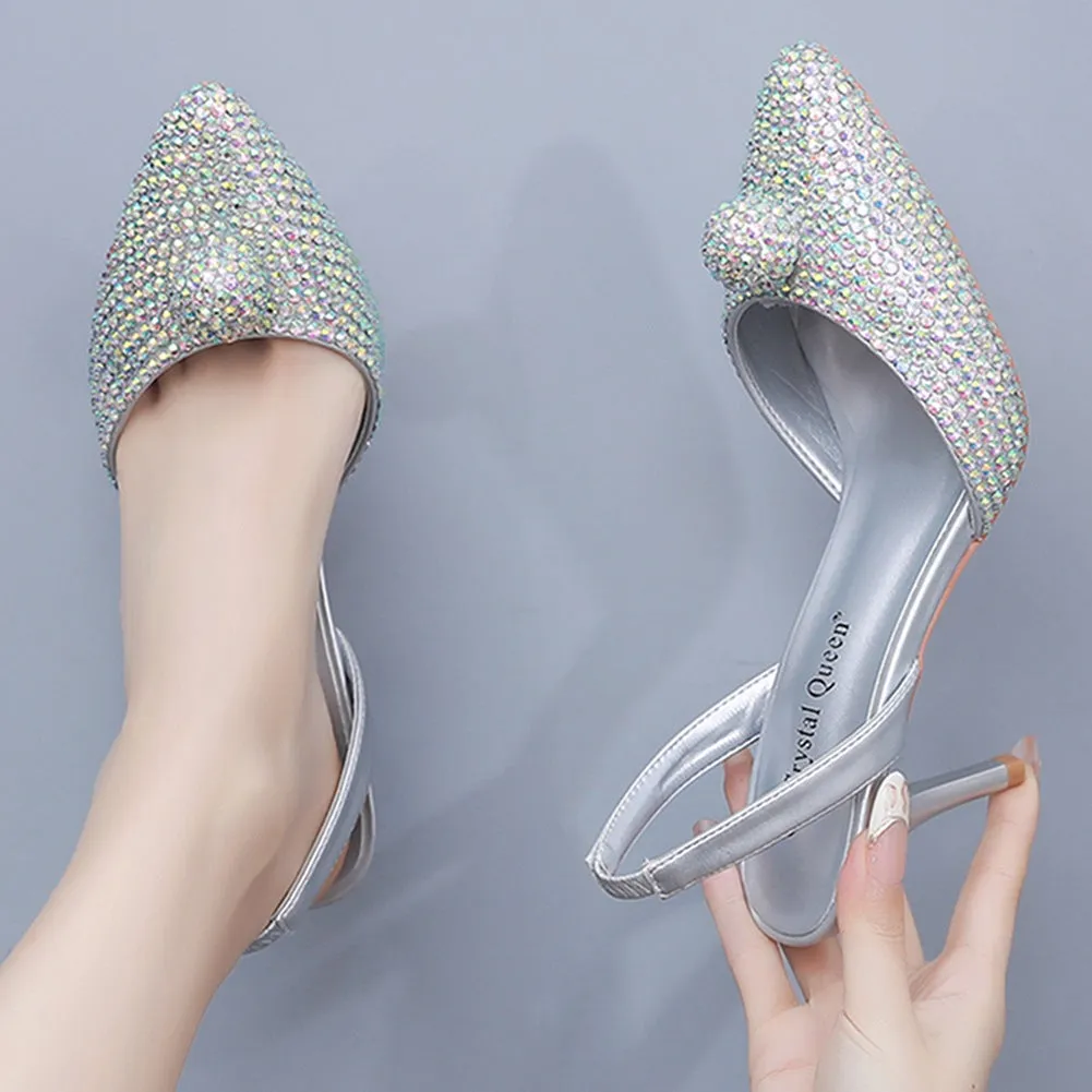 Glittering Rhinestone Ball Bead Pointed Toe High Heels