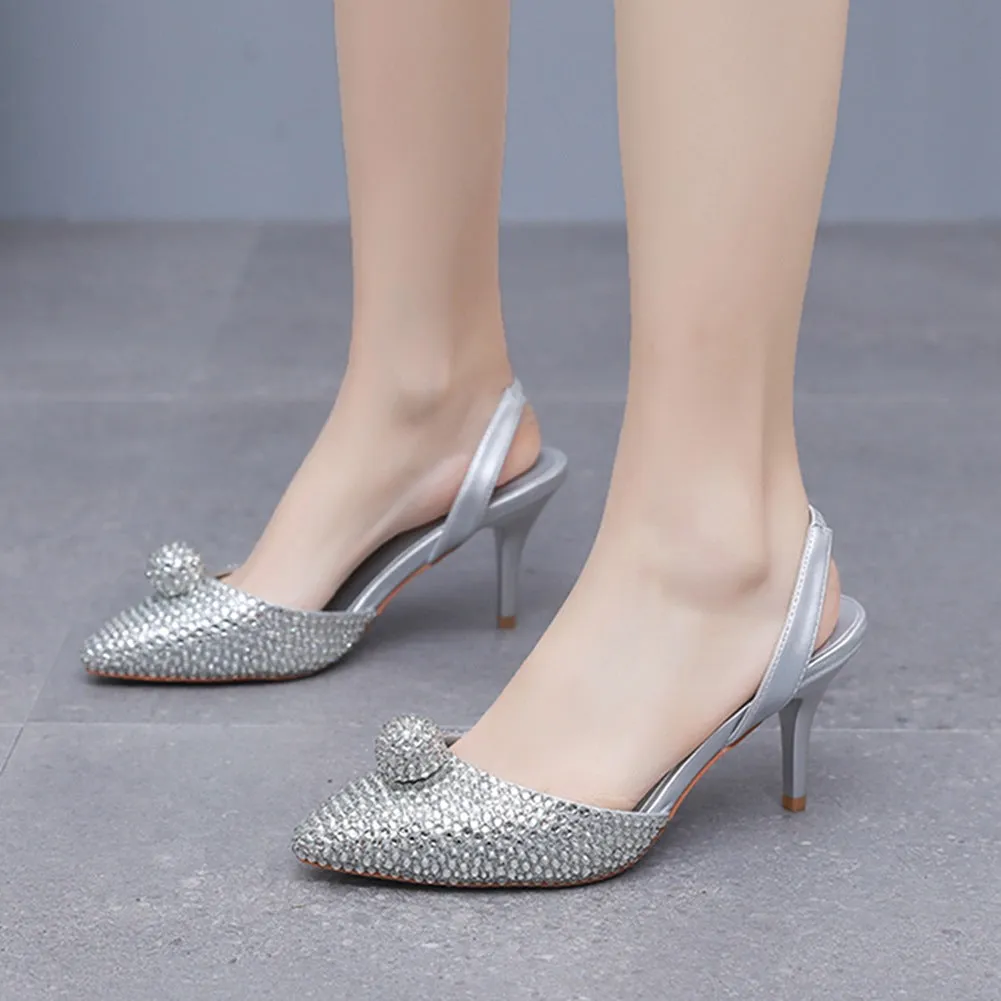 Glittering Rhinestone Ball Bead Pointed Toe High Heels