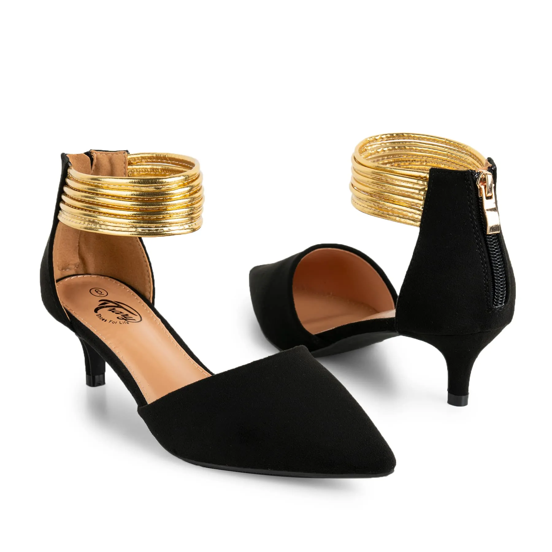 Golden Ankle Strap Kitten Heels