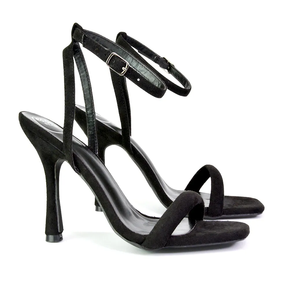 Greta Strappy Square Toe Barely There Stiletto High Heels in Black