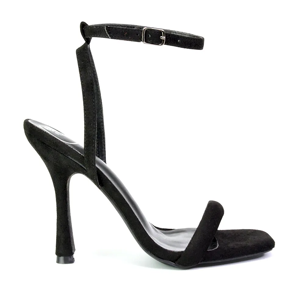 Greta Strappy Square Toe Barely There Stiletto High Heels in Black