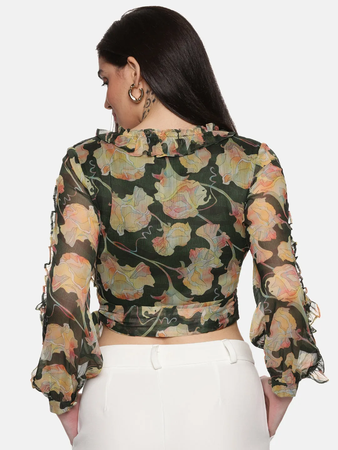 IS.U Floral Green Wrap Crop Top