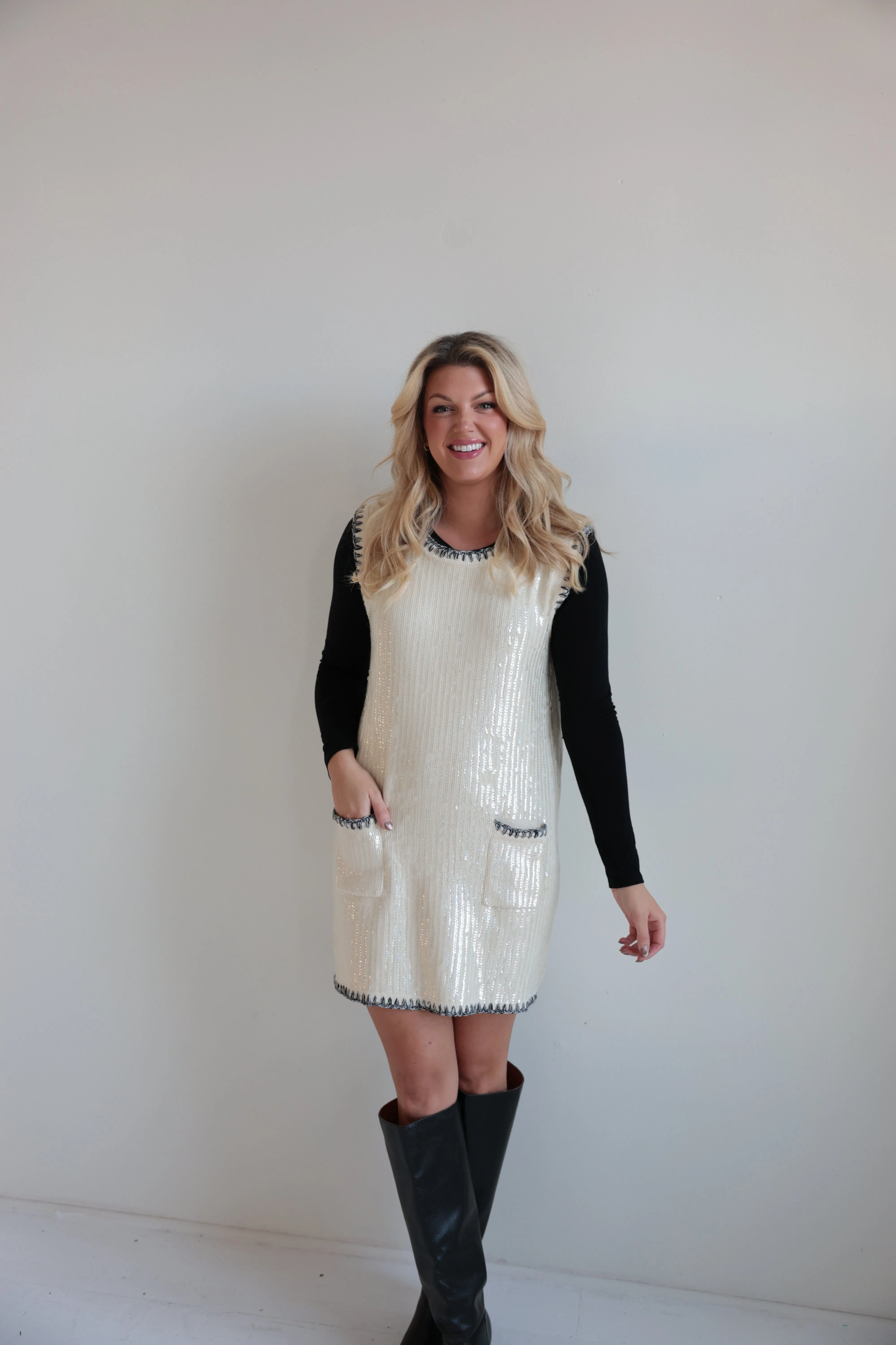 Ivory Sequin Sleeveless Shift Dress