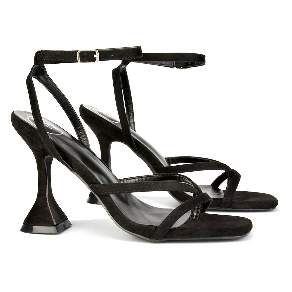 Joni Square Toe Post Block Strappy Sculptured High Heel Sandals in Black Faux Suede