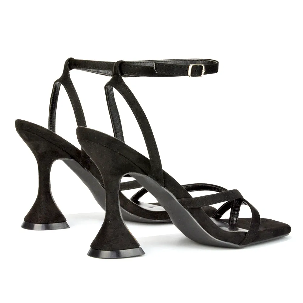 Joni Square Toe Post Block Strappy Sculptured High Heel Sandals in Black Faux Suede