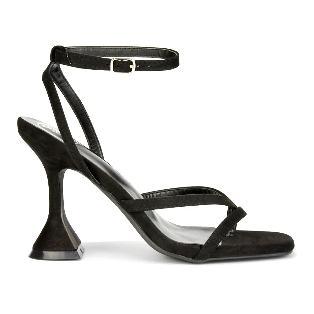 Joni Square Toe Post Block Strappy Sculptured High Heel Sandals in Black Faux Suede