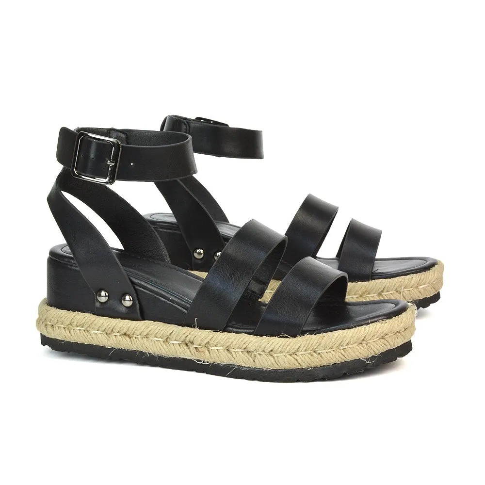 Jorja Platform Wedge Heel Sandals Espadrilles in Black Synthetic Leather