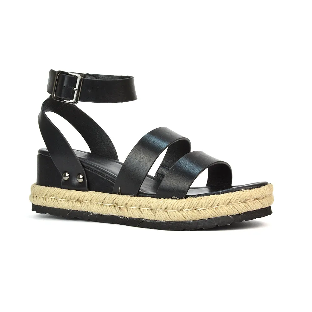 Jorja Platform Wedge Heel Sandals Espadrilles in Black Synthetic Leather