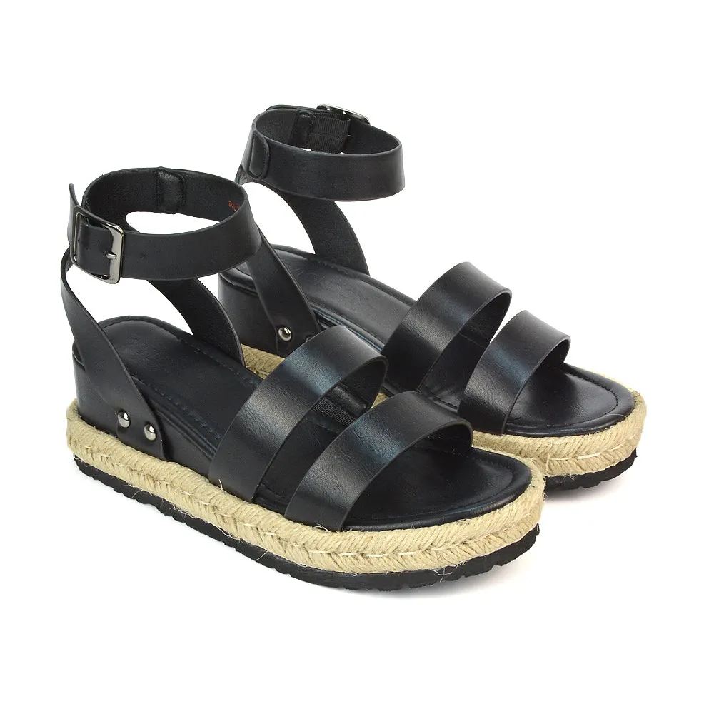 Jorja Platform Wedge Heel Sandals Espadrilles in Black Synthetic Leather