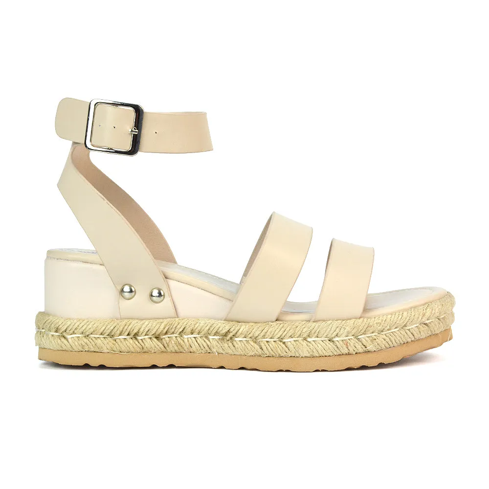 Jorja Platform Wedge Heel Sandals Espadrilles in Black Synthetic Leather