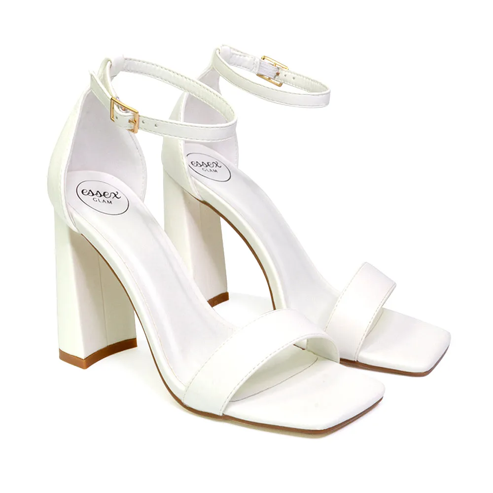 Kamryn Buckle Up Ankle Strap Square Toe Block High Heel Sandals in Silver