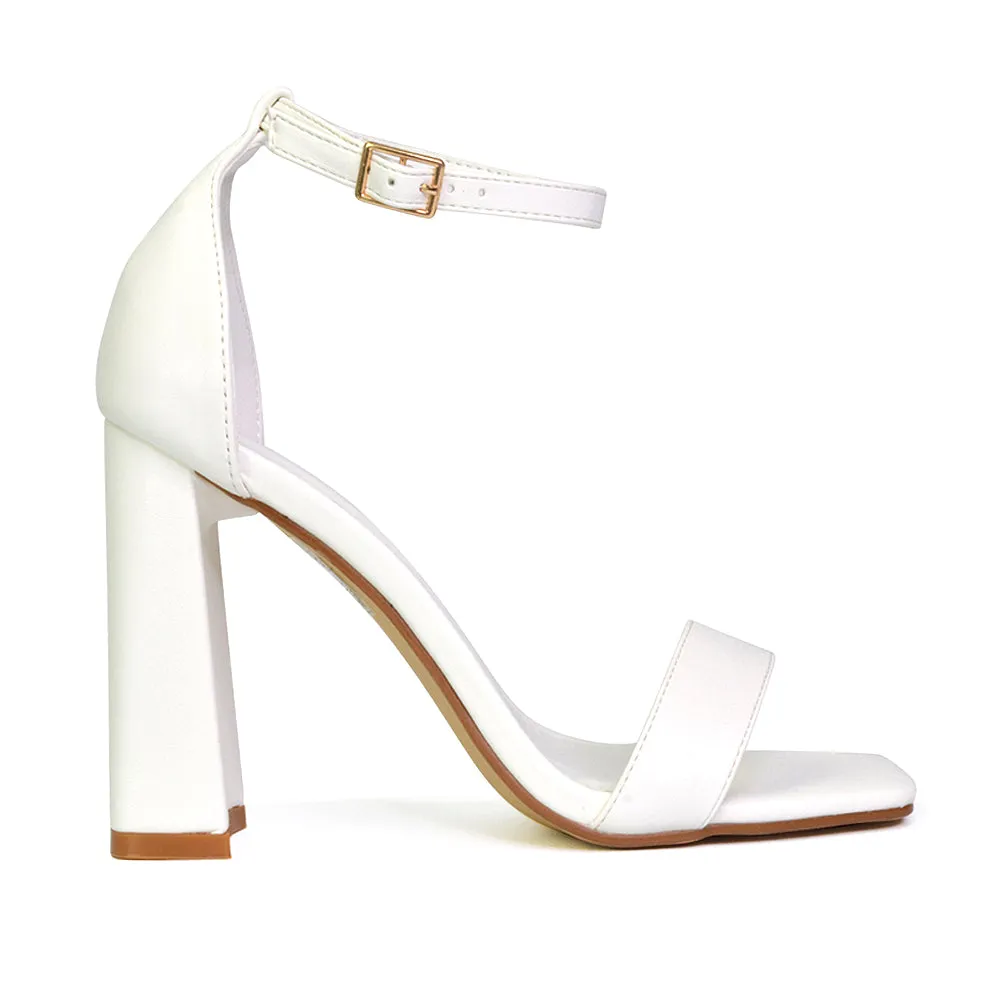 Kamryn Buckle Up Ankle Strap Square Toe Block High Heel Sandals in Silver