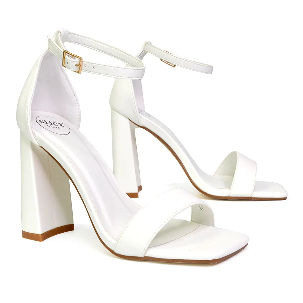 Kamryn Buckle Up Ankle Strap Square Toe Block High Heel Sandals in Silver