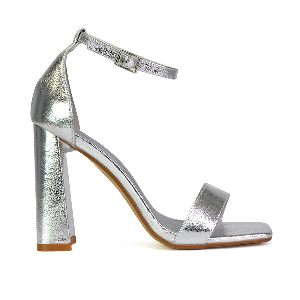 Kamryn Buckle Up Ankle Strap Square Toe Block High Heel Sandals in Silver