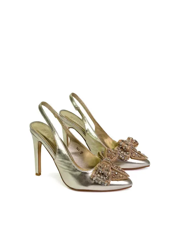 Kimmy Diamante Bow Pointed Toe Court Shoes Stiletto High Heels in Gold