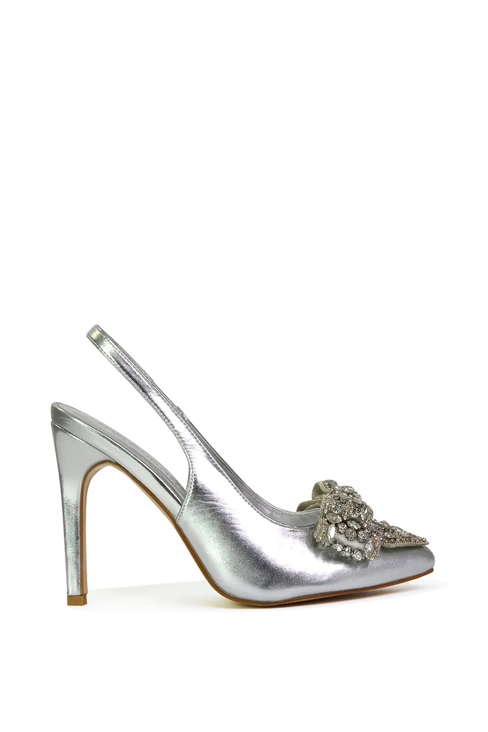 Kimmy Diamante Bow Pointed Toe Court Shoes Stiletto High Heels in Gold