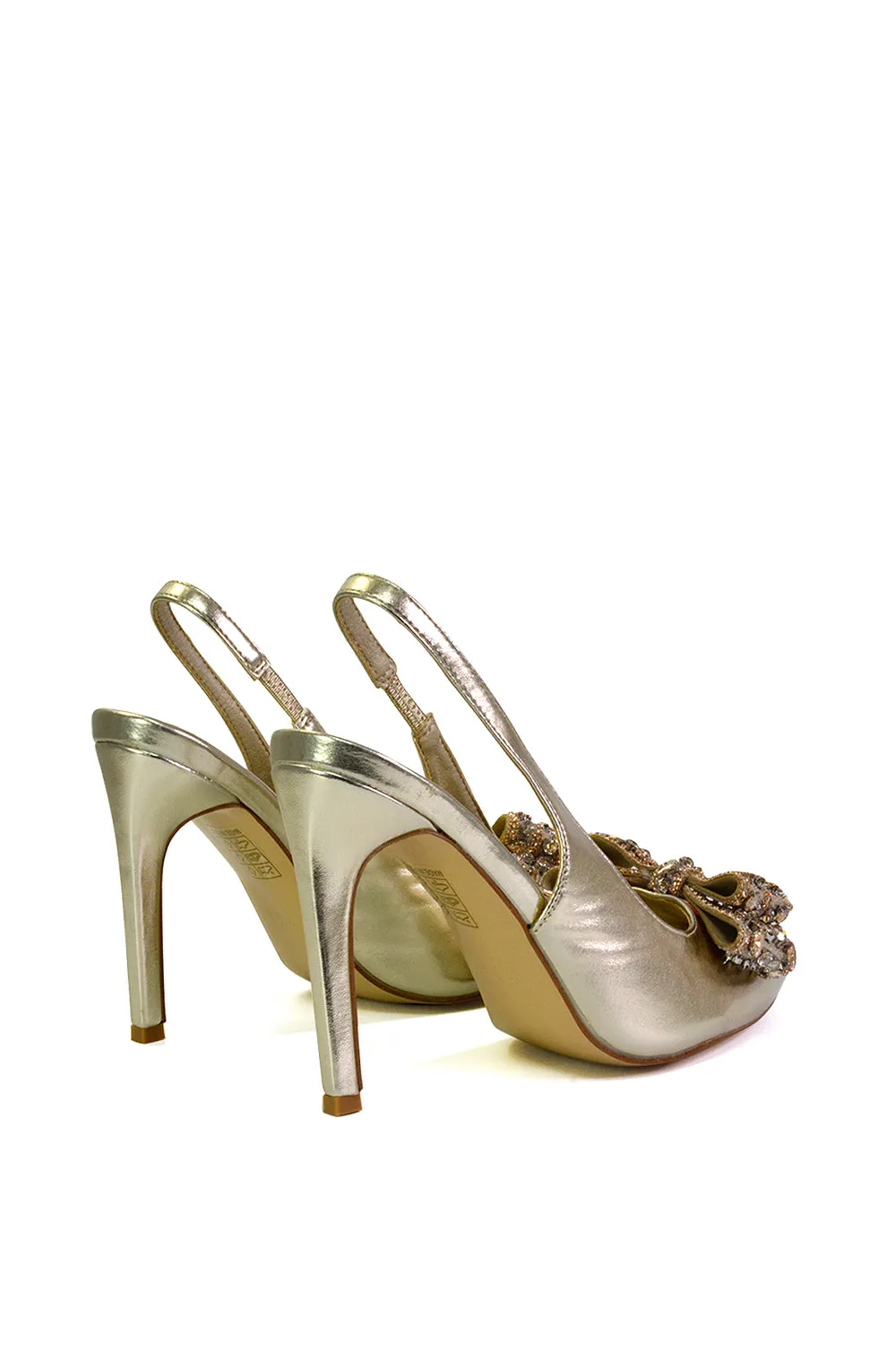 Kimmy Diamante Bow Pointed Toe Court Shoes Stiletto High Heels in Gold