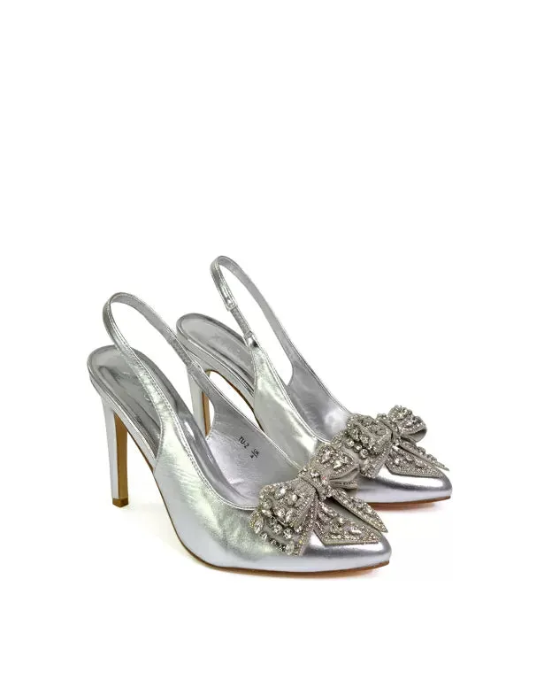 Kimmy Diamante Bow Pointed Toe Court Shoes Stiletto High Heels in Gold